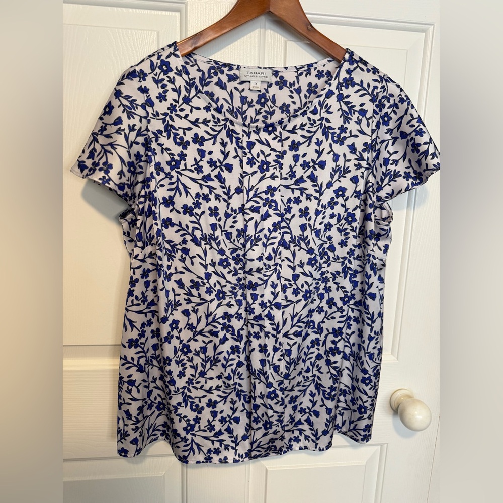 Tahari White Tee with Navy Floral Print - Short Sleeve